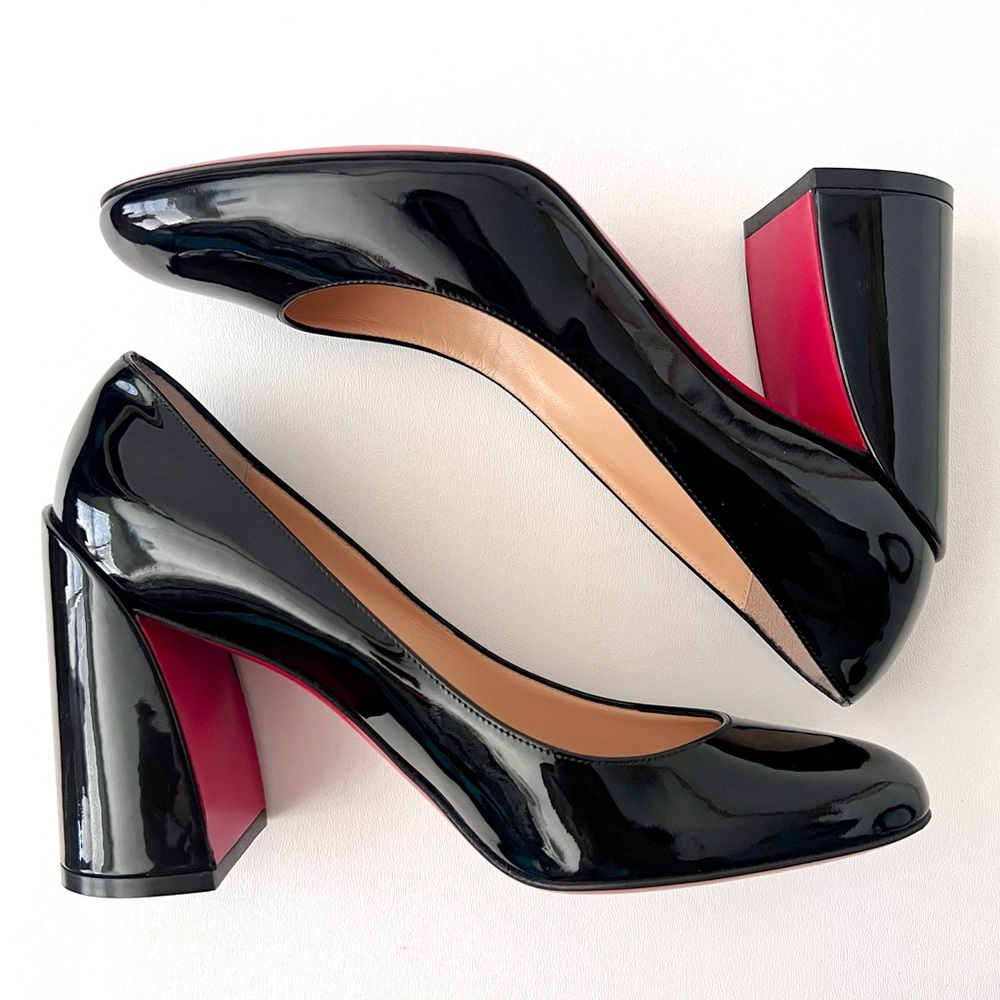 CHRISTIAN LOUBOUTIN | Miss Sab Black Patent Leather Block Heel Pumps 37.5 US 7.5 - Picture 3 of 16